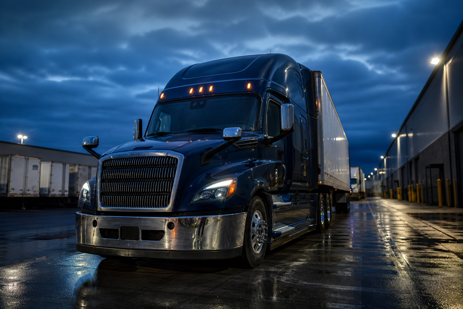 Class 8 tractor in a freight yard at dusk