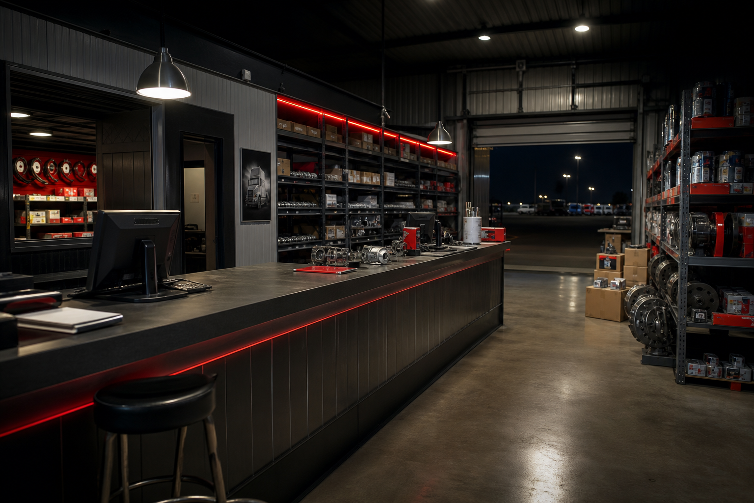 Night parts counter with steel shelving